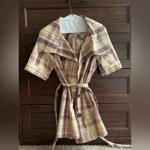 l/m/s/xs - hot and delicious - pale yellow and brown plaid short-sleeve peacoat
